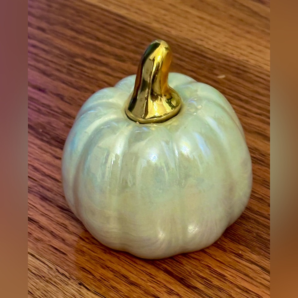 Iridescent Pumpkin Green & Metallic Gold Ceramic Home Decor 3.15” or 8 cm New